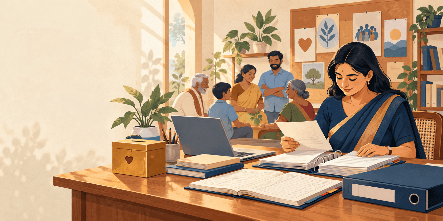 A community trust office with donation receipts and audit files