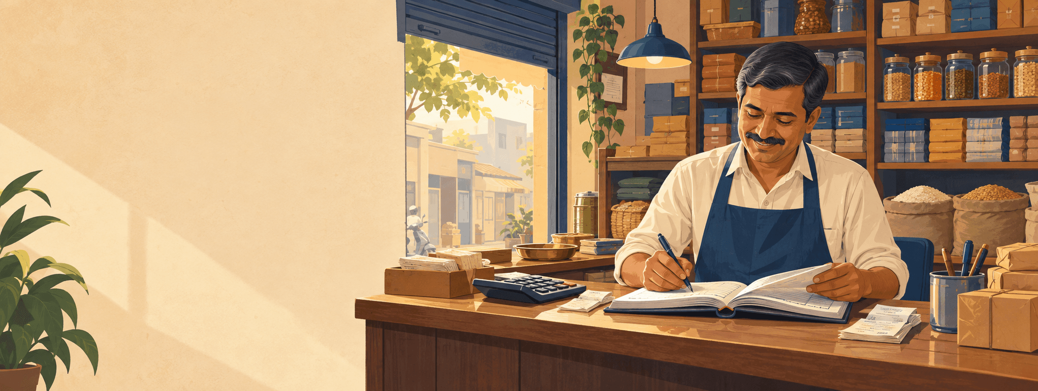 A small business owner at a shop counter with a ledger and GST receipts