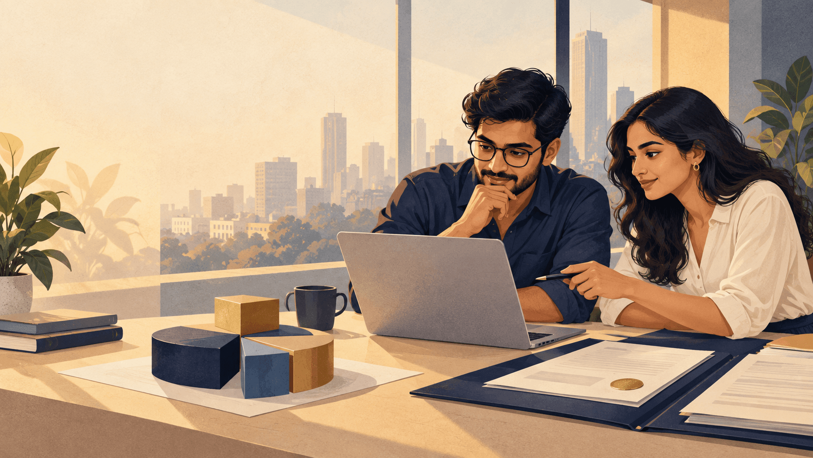 Young founders at a minimalist workspace with a laptop, cap-table chart and incorporation certificate