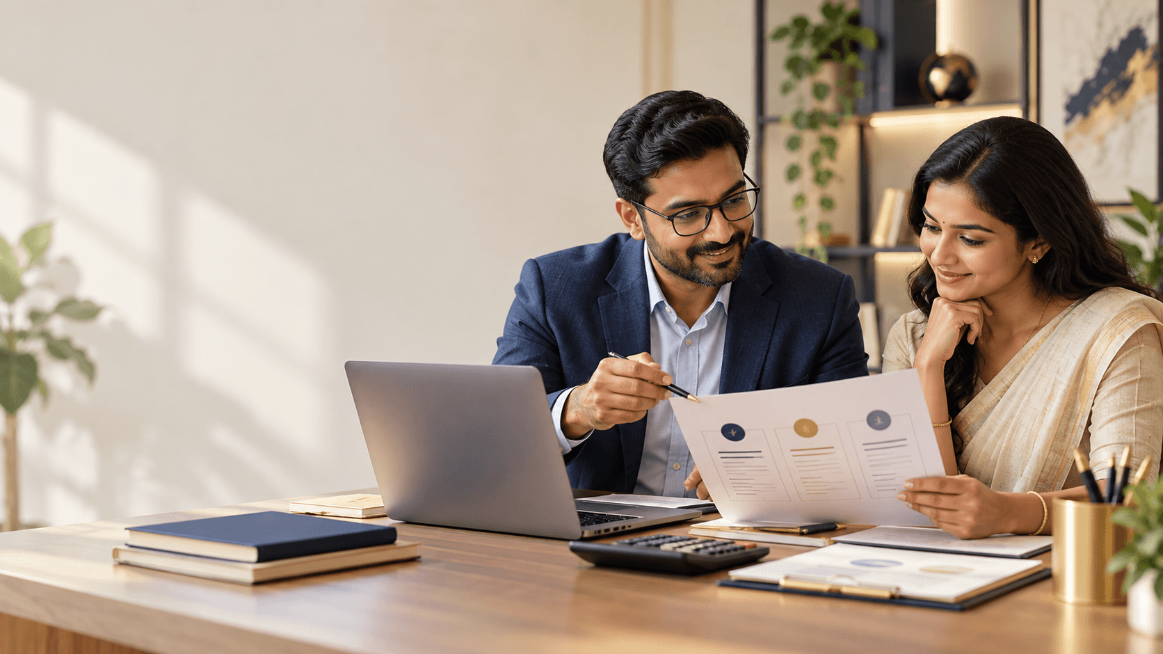 A business owner and advisor reviewing a clear service plan beside a laptop and calculator